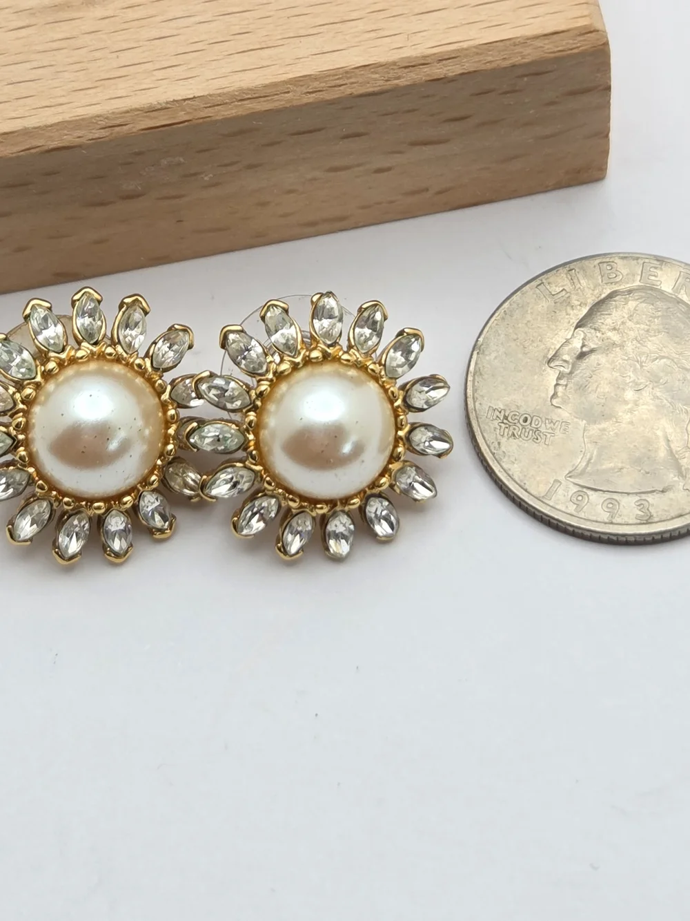 Vintage Monet Faux Pearl & Rhinestone Sunburst Stud Earrings | Gold Tone Pierced